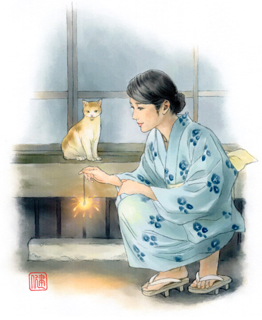 線香花火を持つ浴衣姿の女性と猫