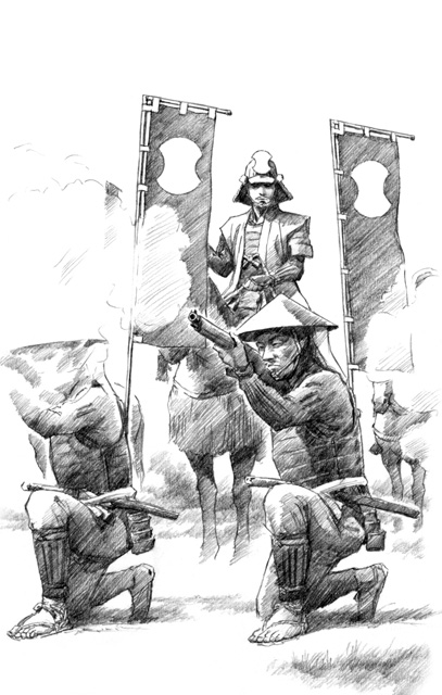 三木合戦に分銅紋の旗印で出陣する堀尾組イラスト