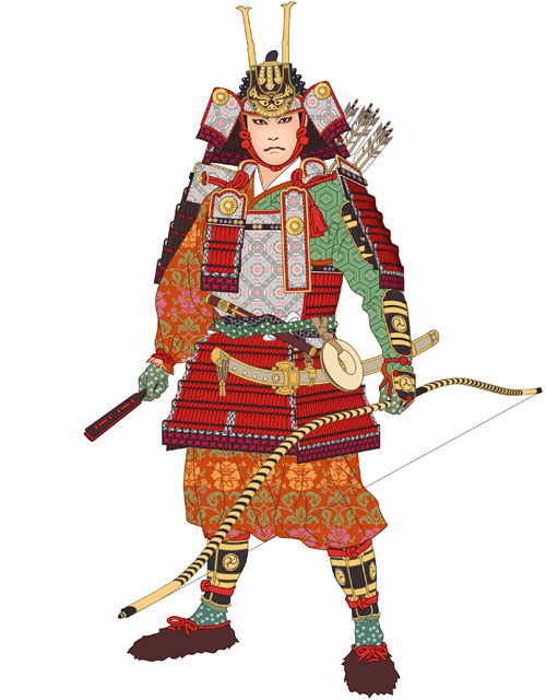 赤地錦の直垂に赤糸威の大鎧、鍬形をうった兜、黄金作りの太刀、切斑の矢、重藤の弓で装った武士イラスト