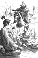 会話する武田信玄奥近習衆と、川中島での上杉輝虎イラスト
